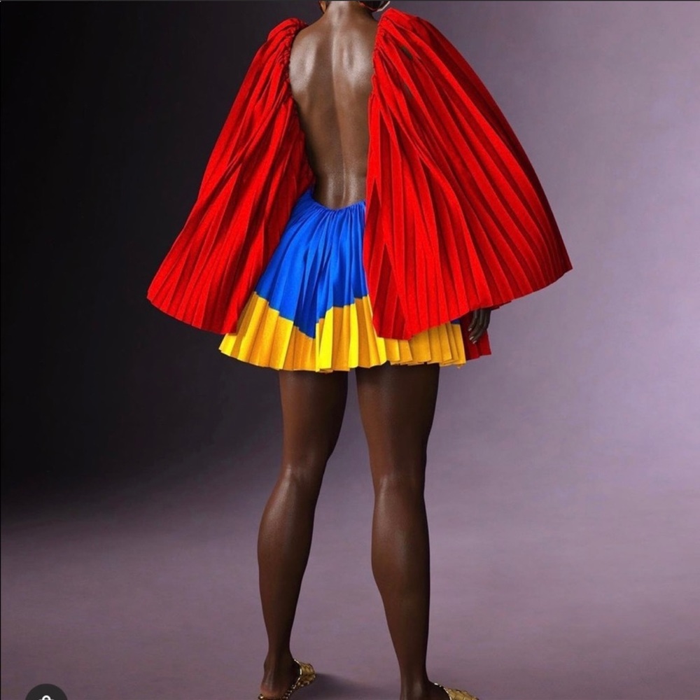 Hanifa Official Kinshasa Backless Mini Dress Pleated Red Yellow Blue medium